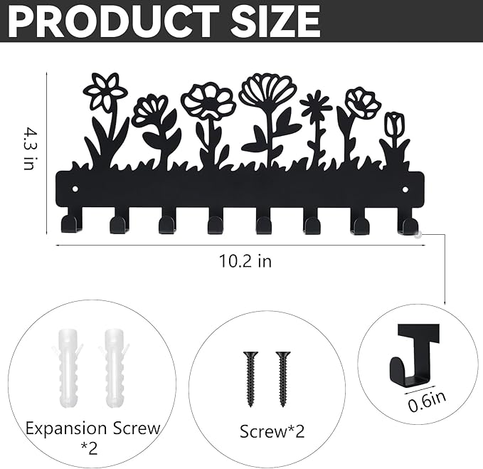 Decorative Key Holder for Wall Mounted with 8 Hooks, Cute Flower Key Rack Organizer for Entryway, Hallway, Office, Wall Mount Hanger for Keys with Mounting Hardware, Dog Leash Holder Ready to Hang