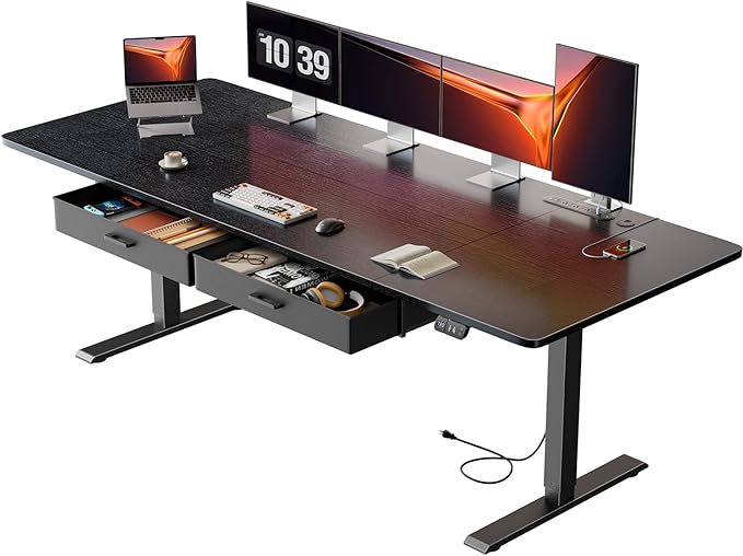 HLDIRECT Electric Standing Desk, Extra Large 79 x 31.5 Inches Height Adjustable Table with Outlets, Sit Stand Computer Desk with Drawers for Home Office, Ergonomic Rising Workstation, Black