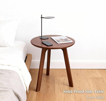 100% Solid Oak Small Side Table - Easy Assembly Round End Table with 3 Legs Pillars for Living Room, Bedroom, or Balcony - Mid Century Modern Nightstand for Small Spaces (Walnut, 2)