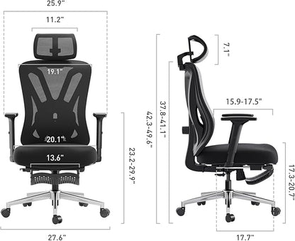 Hbada P5 Ergonomic Office Chair, Desk Chair with Adjustable Lumbar Support and Height, Comfortable Mesh Computer Chair with Footrest 2D Headrest, Swivel Tilt Function Black