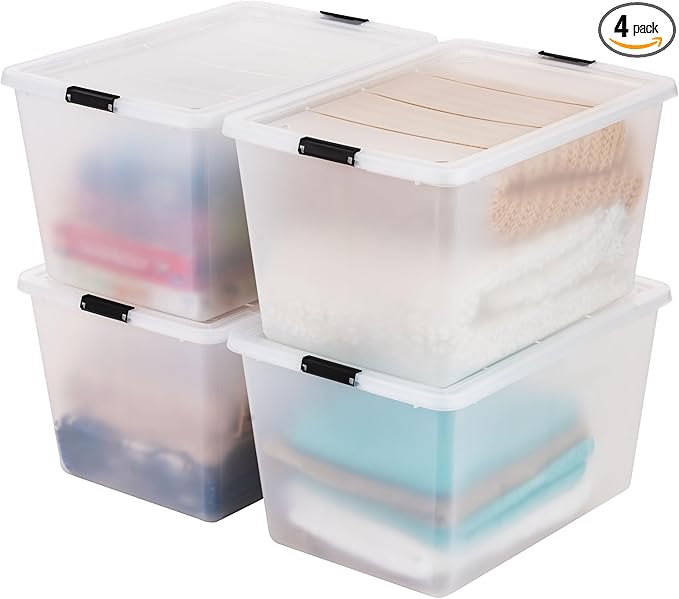IRIS USA 4-Pack High-Capacity Clip Box with Latching Lids, 55 Quart Storage Bins, Supply Containers for Home, Office & Classroom Organization