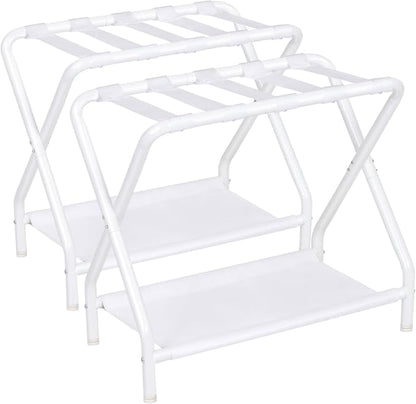 AMHANCIBLE Luggage Rack, Set of 2, Foldable Suitcase Stands for Guest Room, Metal Luggage Holder with Storage Shelf for Bedroom, Hotel, Easy Assemble, White HLR02WT