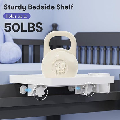 Bedside Shelf for Top Bunk Bed, Bedroom Dorm Room Essential Nightstand for College Student, White Bunk Bed Tray Table with 50LBS Capacity, BedShelf with Cup Holder (Material & Clamping Screw Updated)