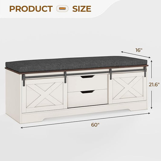 60“ Farmhouse Storage Bench with Cushion, Shoe Rack with Slide Barn Doors, Adjustable Shelf and 2 Drawer for Entry, Bedroom, Closet, Living Room, Hallway (White Brown, 60 in)