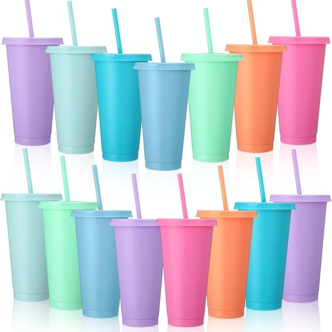 Honeydak 15 Pack Tumbler with Straw and Lid Bulk Cups for Gifts Water Bottle Iced Coffee Travel Mug Cup Reusable Plastic Tumblers for Party Birthdays 24-27 oz (Macaron Color)