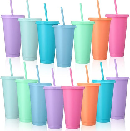 Honeydak 15 Pack Tumbler with Straw and Lid Bulk Cups for Gifts Water Bottle Iced Coffee Travel Mug Cup Reusable Plastic Tumblers for Party Birthdays 24-27 oz (Macaron Color)
