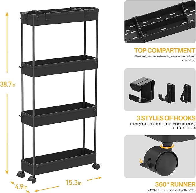 SPACELEAD Slim Storage Cart 4 Tier,Bathroom Organizer Rolling Utility,Mobile Shelving Unit Slide Out for Office, Kitchen, Laundry Room & Narrow Places,Black