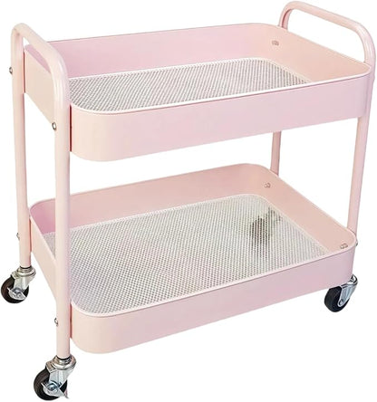 2 Tier Pink Rolling Cart with Wheels for Under Desk Storage, Large Capacity Rolling Pantry & Kitchen Storage Cart for Small Space, Sturdy Metal Bathroom Shelf Laundry Room Organization