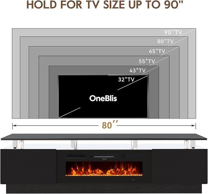 80" TV Stand for Living Room, Large Entertainment Center & Media Console, Fits TVs up to 90", Storage Cabinet with Shelves, 36" Electric Fireplace (All Black)