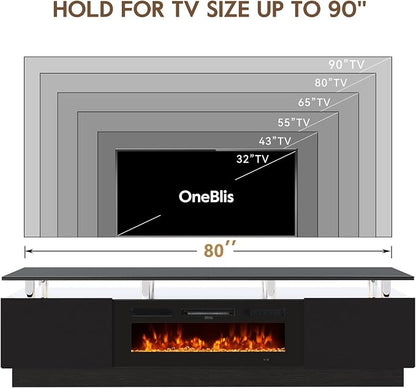 80" TV Stand for Living Room, Large Entertainment Center & Media Console, Fits TVs up to 90", Storage Cabinet with Shelves, 36" Electric Fireplace (All Black)