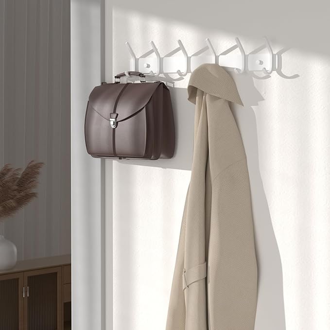 GWAAZXGZ Coat Rack Wall Mount Hooks - 15 Inch Matte White Metal 6-Hook Organizer Wall Mounted, Modern Kids Room, Entryway & Bathroom Hanger for Beach Towels, Coats, Purses, Bags (2 Pack)
