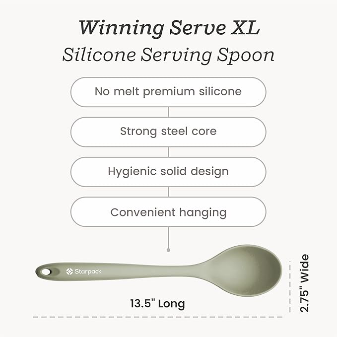Starpack 'Winning Serve' XL Premium Silicone Serving Spoon (13.5") - Large Silicone Spoon for Cooking High Heat Resistant to 600°F - LFGB Grade Nonstick Mixing Spoons - Large Rubber Serving Spoons
