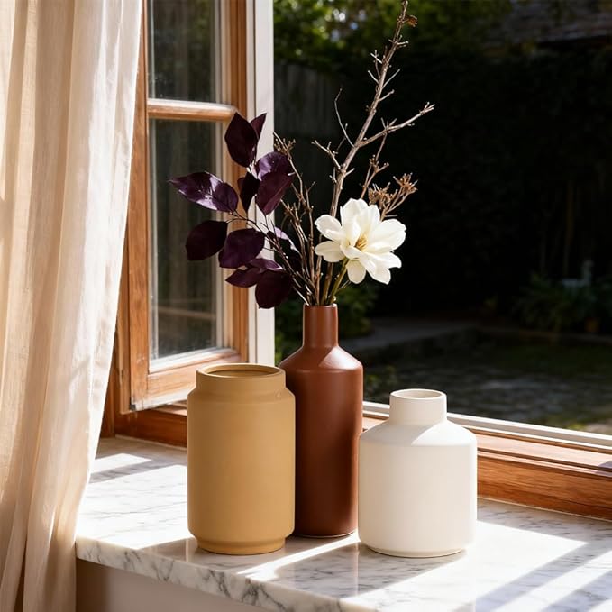 Ceramic Vase Set of 3 – Modern Decorative Vases in Matte White, Yellow & Brown, Small Flower Pottery Vase Sets, Boho Farmhouse Rustic Vases for Living Room, Kitchen, Bedroom, Bathroom, Shelf, Table
