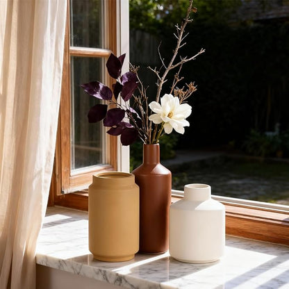 Ceramic Vase Set of 3 – Modern Decorative Vases in Matte White, Yellow & Brown, Small Flower Pottery Vase Sets, Boho Farmhouse Rustic Vases for Living Room, Kitchen, Bedroom, Bathroom, Shelf, Table