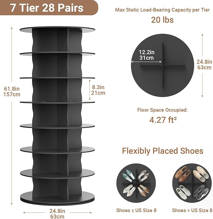 7-Tier Rotating Standing Shelf Unit with Dividers, 360° Storage Display Tower Vertical Floor Organizer, for Bedroom, Closet, Entryway & Office, Ideal for Shoes, Cosmetics & Handbags, Black