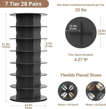7-Tier Rotating Standing Shelf Unit with Dividers, 360° Storage Display Tower Vertical Floor Organizer, for Bedroom, Closet, Entryway & Office, Ideal for Shoes, Cosmetics & Handbags, Black
