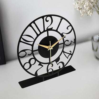 muyika 8.9x9.5 Metal Desk Clock, Black Round Silent Non-Ticking Analog Table Clock, Battery Operated, Decorative Desk and Shelf Clock, Desk Clocks for Living Room Bedroom Kitchen Office School