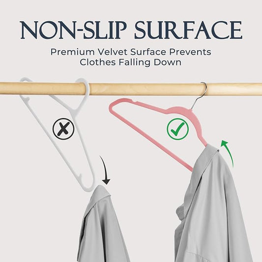 HOUSE DAY Lt Pink Velvet Hangers 20 Pack, Non Slip Clothes Felt Hanger Heavy Duty for Coat, Premium Slim Space Saving Suit Hangers for Closet Organizer, 360° Rotating Silver Hook
