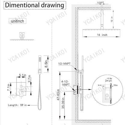 16 Inch Matte Black Ceiling Mount Shower System Bathroom Luxury Rain Mixer Shower Combo Set Ceiling Rainfall Shower Head System Faucet Contain Rough-in Valve and Trim Included