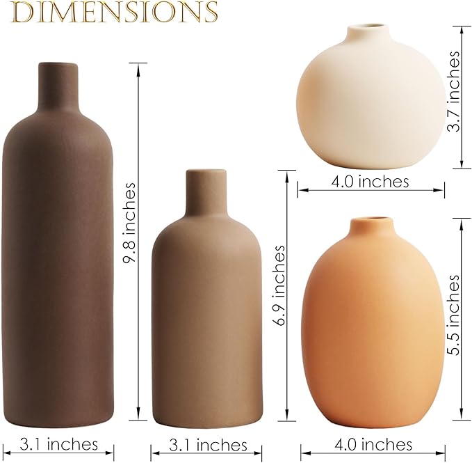 Ceramic Vase Set of 4 - Handcrafted Ceramic Vases for Home Decor & Shelf - Modern Farmhouse Decor for Kitchen, Office, Bedroom & Living Room Decorative Objects for Mantel, Table Centerpieces