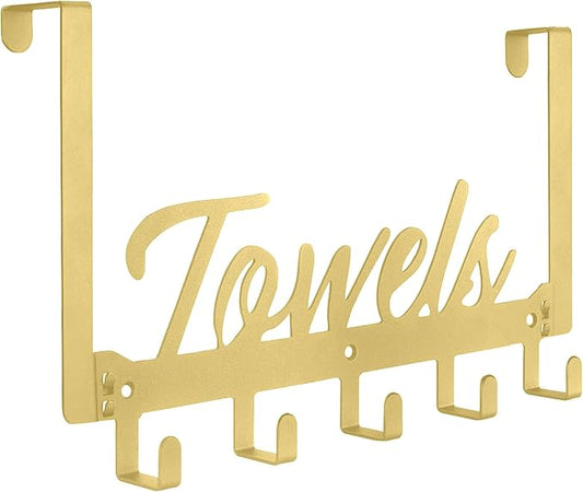 Azmoncy Over The Door Hooks - Heavy Duty Towel Rack with 5 Coat Hooks for Bedroom Kitchen, Gold Bathroom Decor