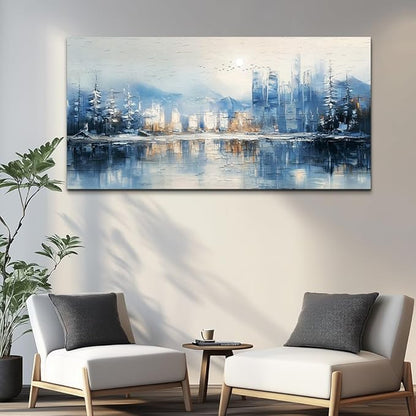 QIYILEXWART Canvas Wall Art For Living Room Large Wall Decor For Office Bedroom Decorations The Blue Lake Pictures Stretched And Framed Watercolour Abstract Painting Artwork Room Ready To Hang
