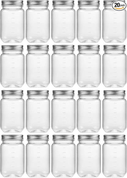 novelinks 16 oz Clear Plastic Jars with Lids, Refillable 16oz Mason Jars with Lids & Storage Containers for Kitchen & Household Use (20 Pack,Silver)