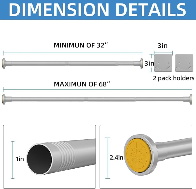 CorkLatta Matte Silver Shower Curtain Rod,1 Inch Diameter Stainless Steel Adjustable Spring Tension Rods 32 to 80",with Holders,Anti-Slip,Curtain Rods No Drilling(1 Pack)