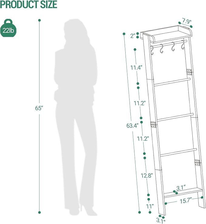 Hzuaneri Blanket Ladder Shelf, Decorative Quilt Rack, 6-Tier Farmhouse Ladder Holder Organizer with 4 Removable Hooks 7.9" D x 17.3" W x 63.4" H, Black BR35804B