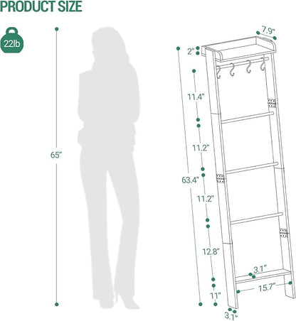 Hzuaneri Blanket Ladder Shelf, Decorative Quilt Rack, 6-Tier Farmhouse Ladder Holder Organizer with 4 Removable Hooks 7.9" D x 17.3" W x 63.4" H, Black BR35804B