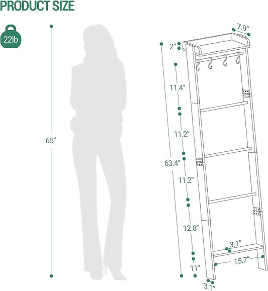 Hzuaneri Blanket Ladder Shelf, Decorative Quilt Rack, 6-Tier Farmhouse Ladder Holder Organizer with 4 Removable Hooks 7.9" D x 17.3" W x 63.4" H, Black BR35804B