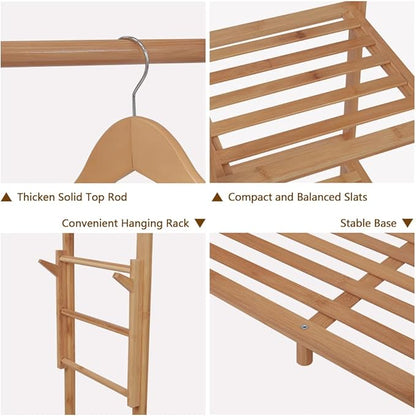 Ufine Bamboo Garment Rack 6 Tier Storage Shelves Clothes Hanging Stand with Side Hooks, Heavy Duty Clothing Rack Portable Wardrobe Closet Organizer