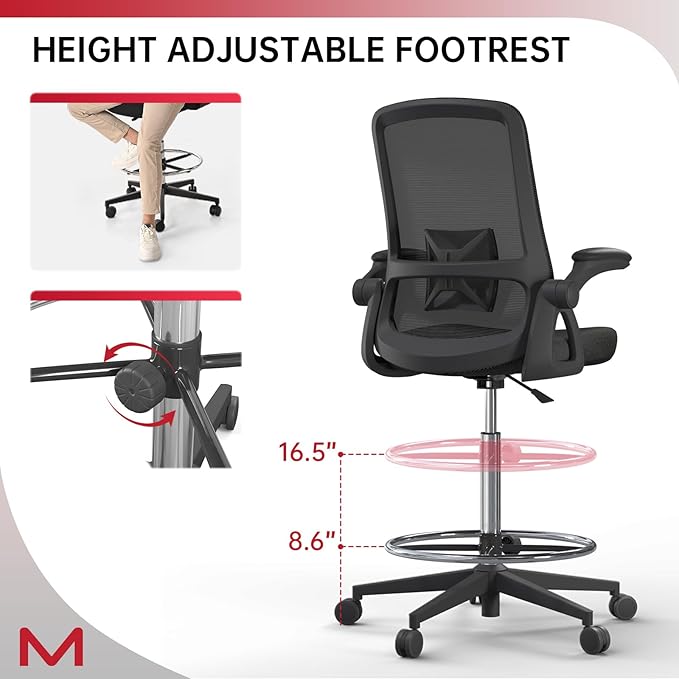 Drafting Chair for Standing Desk with Locking Casters, Tall Office Chair with Foot Ring, High Back Ergonomic Drafting Stool, Flip-Up Arms, Adjustable Lumbar Support, 300 Lbs Capacity