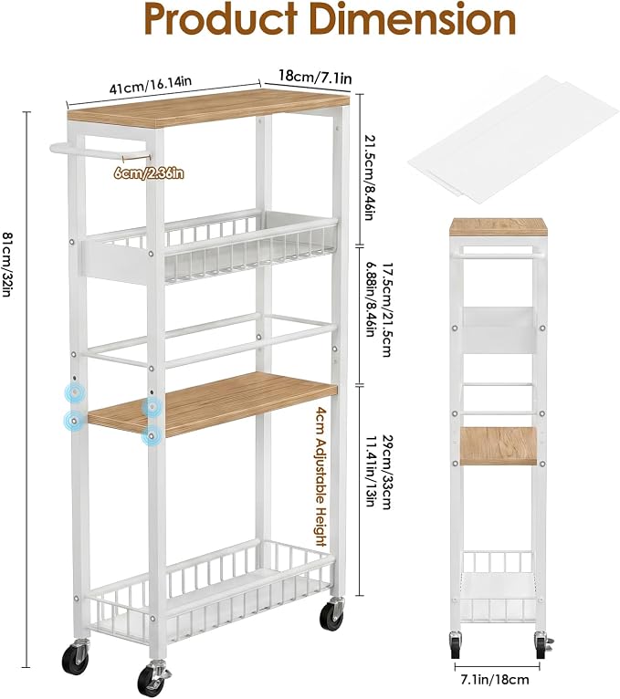 Slim Storage Rolling Cart, 4 Tier Narrow Cart with Wheels, Metal Kitchen Rolling Cart for Small Spaces, Slide Out Storage Shelves for Kitchen, Laundry Room, Bathroom, Living Room, 7.1in(W)