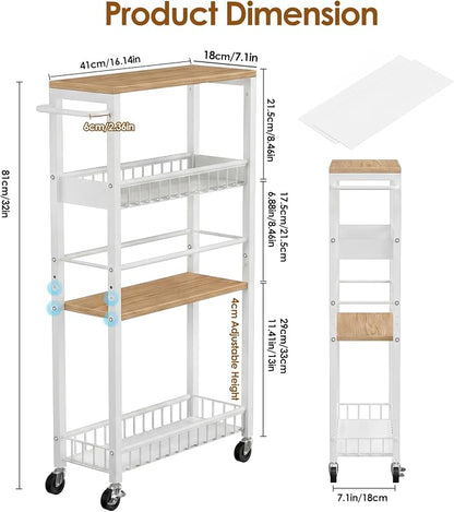 Slim Storage Rolling Cart, 4 Tier Narrow Cart with Wheels, Metal Kitchen Rolling Cart for Small Spaces, Slide Out Storage Shelves for Kitchen, Laundry Room, Bathroom, Living Room, 7.1in(W)