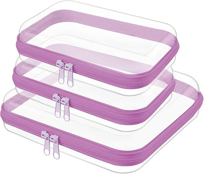 Topfinder Clear Hard Shell Zipper Case,Clear Toy Storage Pouch,Waterproof Transparent Organizer Cosmtic Case for Travel, Office, Home (Purple, M+2*S)