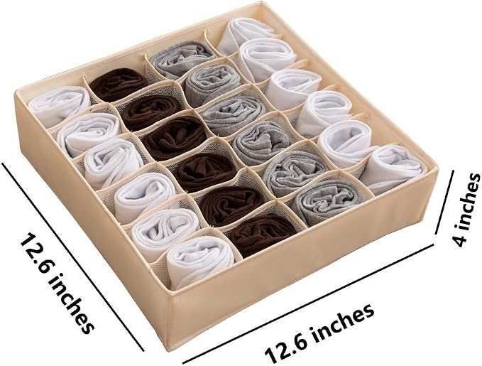ALYER Collapsible Fabric Drawer Organizer Divider,Closet Storage Box Bins Containers for Panties,Underwear, Ties,Bras, Socks, Lingerie (Beige-24 Cells)