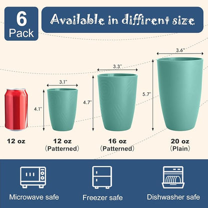Reusable Wheat Straw Cups 6 PCS, Unbreakable 16 OZ Plastic Cup Alternative, Dishwasher Safe Drinking Glasses for Indoor & Outdoor Use, Green