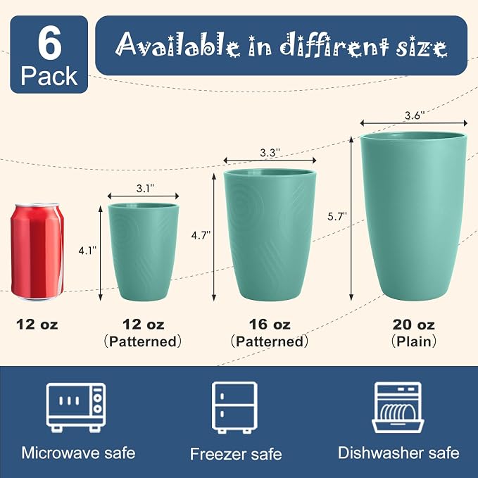 Wheat Straw Plastic Cups Set 6 PCS, 12 OZ Unbreakable Reusable Plastic Cups, Dishwasher Safe Kids Drinking Cups for Indoor and Outdoor Use, Green