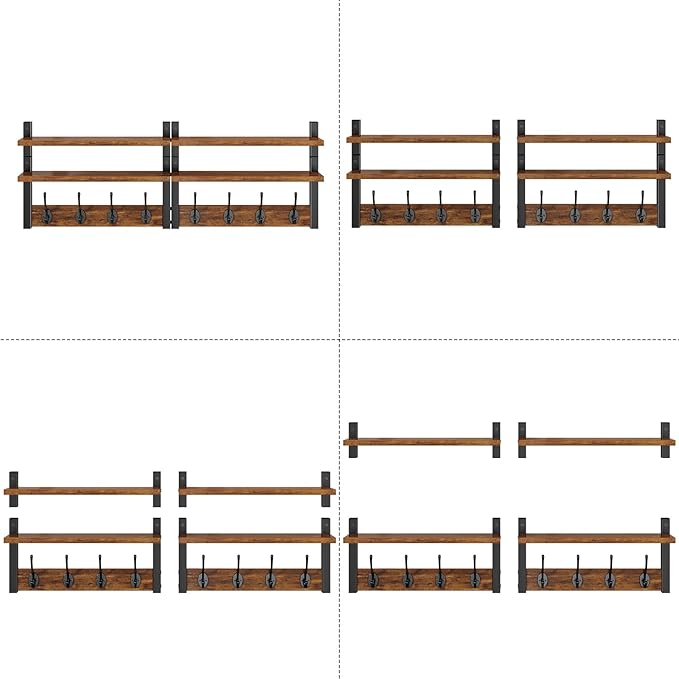 YMYNY Coat Rack Wall Mount with Shelf, Two-Tier Wall Shelf Mounted with 8 Hooks, Wooden Wall Coat Rack for Entryway, Bedroom for Hanging Clothes/Coats/Keys/Hats/Towels, Rustic Brown, HWS009H-2