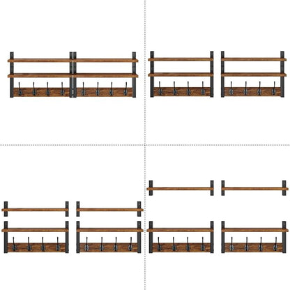 YMYNY Coat Rack Wall Mount with Shelf, Two-Tier Wall Shelf Mounted with 8 Hooks, Wooden Wall Coat Rack for Entryway, Bedroom for Hanging Clothes/Coats/Keys/Hats/Towels, Rustic Brown, HWS009H-2