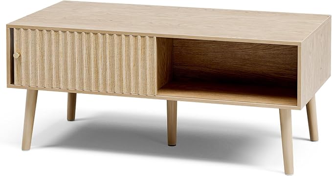 LCRBOL Coffee Table with Storage, Boho Dining Table with Sliding Fluted Door and Solid Wood Legs, Small Coffee Tables for Living Room, Oak