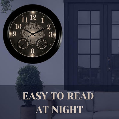 24 inch Illuminated Outdoor Clock for Patio, Waterproof with Thermometer - Large Night Light Wall Clock with Smart LED Sensor, Temperature and Humidity - Weatherproof & Easy to Read for Patio & Home