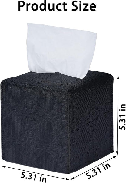 Tissue Box Cover 2-Pack, Square Tissue Holder with Bottom Belt, Modern Tissue Case Facial Paper Organizer Dispenser for Bathroom, Office, Home, Table, Car, Black, Linen Pattern