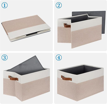 PFFVRP Large Fabric Storage Bins, Foldable Fabric Storage Baskets for Shelves, Sturdy Storage Boxes with PU Handles for Organizing Closet Home Bedroom Office (26L, 3 Packs, Pink&White)