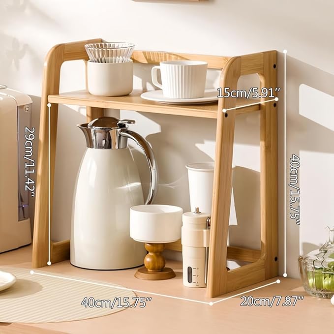 Natural Bamboo Coffee Station Organizer, 2-Tier Wooden Kitchen Counter Shelf for Bar Accessories, Multi-Functional Countertop Storage Rack for Syrup Bottles & Coffee Essentials (Dark Brown)