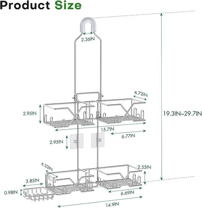 Stainless Steel Shower Caddy Hanging for Handheld Shower Heads,Rustproof Hose Shower Organizer Adjustable Length Shower Rack with 24 Hooks,Razor Holder,Soap Holder