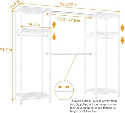 Ulif E7 Heavy Duty Garment Rack, Clothes Organizer and Storage Rack with Expandable Hangers, Metal Clothing Rack with 6 Wire Shelves, (52.3"-72") W x 14.5" D x 71.2" H, Load 838 LBS, White