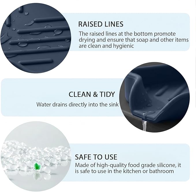 MicoYang Silicone Soap Dish with Drain Spout, Self-Draining Sink Organizer Tray for Bathroom and Kitchen, Sponges, Dispensers & Soap Holder, Non-Slip & Dishwasher Safe, Navy Blue (Compact, 4.9"×3.2")