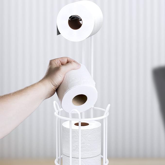 Meangood Toilet Paper Holder Stand and Tissue Paper Roll Dispenser for 4 Mega Rolls, Bathroom Free Standing Tissue Roll Storage Holder Rack, Metal Wire (White)